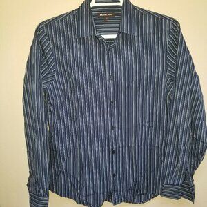 Michael Kors Men's Medium Blue Collared Striped Cotton Button-Up Long Sleeves